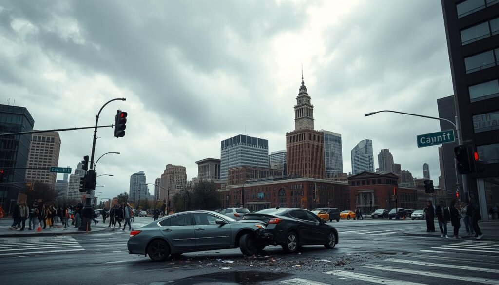 A cityscape of Cleveland, Ohio on a cloudy day. In the foreground, a car accident scene with two vehicles colliding at an intersection, debris scattered on the pavement. Pedestrians and bystanders watching in the distance. The middle ground features tall buildings, traffic signals, and street lights casting a moody, dramatic lighting. In the background, the iconic Cleveland skyline with the Terminal Tower standing tall. The scene conveys a sense of chaos, urgency, and the need for expert legal representation to navigate the complexities of car accident claims in this urban environment.