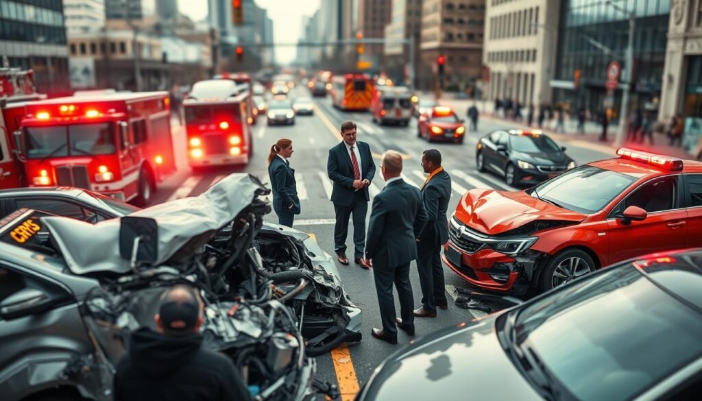 A high-angle view of a busy city intersection in Cleveland, Ohio, with a multi-vehicle car accident scene in the foreground. The twisted metal of the damaged vehicles is illuminated by the bright flashing lights of emergency response vehicles, creating a sense of urgency and chaos. In the middle ground, a team of Cleveland car accident lawyers in sharp suits and ties are conferring with distraught victims, offering support and guidance. The background is blurred, but suggests the bustling urban landscape of the city, with tall buildings and pedestrians in the distance. The overall tone is one of professionalism, empathy, and the need for expert legal counsel in the aftermath of a devastating car crash.