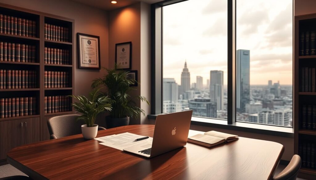 A modern law office interior with a large window overlooking a cityscape. In the foreground, a wooden desk with a laptop, legal documents, and a potted plant. On the wall behind the desk, a framed certificate or award, conveying the law firm's expertise. Bookshelves line the walls, filled with legal tomes. Warm, indirect lighting creates a professional and authoritative atmosphere. The scene evokes a sense of trust, competence, and the legal strategies required to navigate accident claims.
