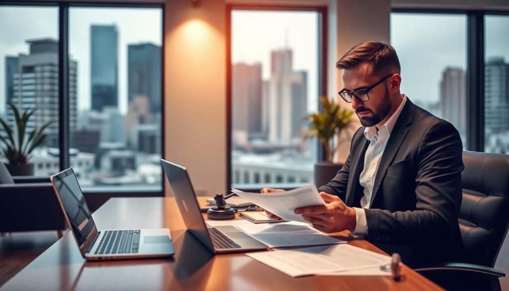 A modern, minimalist office interior with sleek furniture and minimalist decor. In the foreground, a lawyer or legal professional sits at a desk, intently studying legal documents and papers related to a personal injury case. The lighting is warm and focused, creating a serious yet approachable atmosphere. In the middle ground, a laptop and tablet display visual aids, diagrams, or settlement strategies. The background features large windows overlooking a cityscape, conveying a sense of expertise and authority. The overall scene exudes professionalism, attention to detail, and a commitment to maximizing the client's personal injury claim.