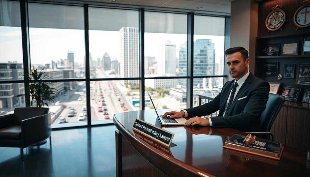 A sleek and modern office interior, with floor-to-ceiling windows overlooking the cityscape of Cleveland, Ohio. In the foreground, a professional-looking person, dressed in a sharp suit, sits at a polished wooden desk, working on a laptop. On the desk, a nameplate reads "Cleveland Personal Injury Lawyer". The walls are adorned with awards and accolades, conveying a sense of expertise and success. The lighting is warm and inviting, creating a welcoming atmosphere. In the background, the bustling streets of Cleveland can be seen, hinting at the busy nature of the legal practice. The overall scene suggests a reputable and trustworthy personal injury law firm, ready to serve the needs of car crash victims in Ohio.