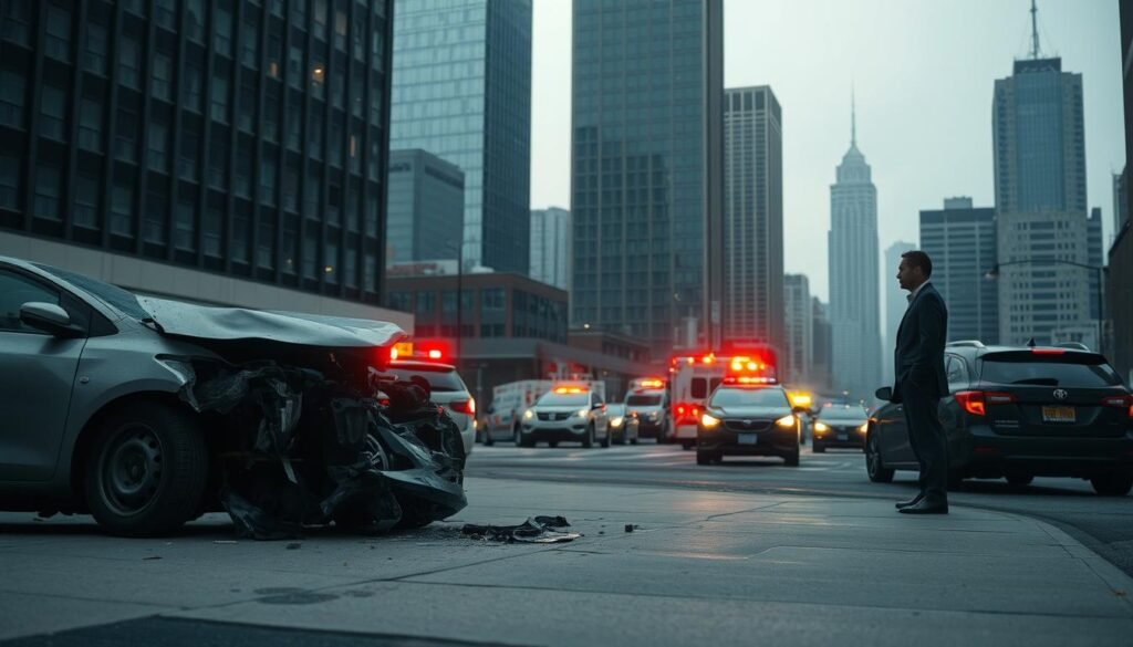 A somber cityscape of Cleveland, Ohio, with a focus on the aftermath of a car crash. In the foreground, a crumpled vehicle lies on the sidewalk, its twisted metal and shattered glass a stark reminder of the impact. Nearby, a lone figure, the Cleveland accident lawyer, stands with a somber expression, surveying the scene with a keen eye for detail. The middle ground is dotted with emergency vehicles, their flashing lights casting an eerie glow over the scene. In the background, the towering skyscrapers of the city's financial district loom, a backdrop to the tragedy unfolding below. The lighting is muted, with a hazy, overcast sky casting a melancholic tone. The overall mood is one of sober reflection, capturing the gravity of the situation and the critical role of the Cleveland personal injury lawyer in navigating the aftermath of such a devastating event.